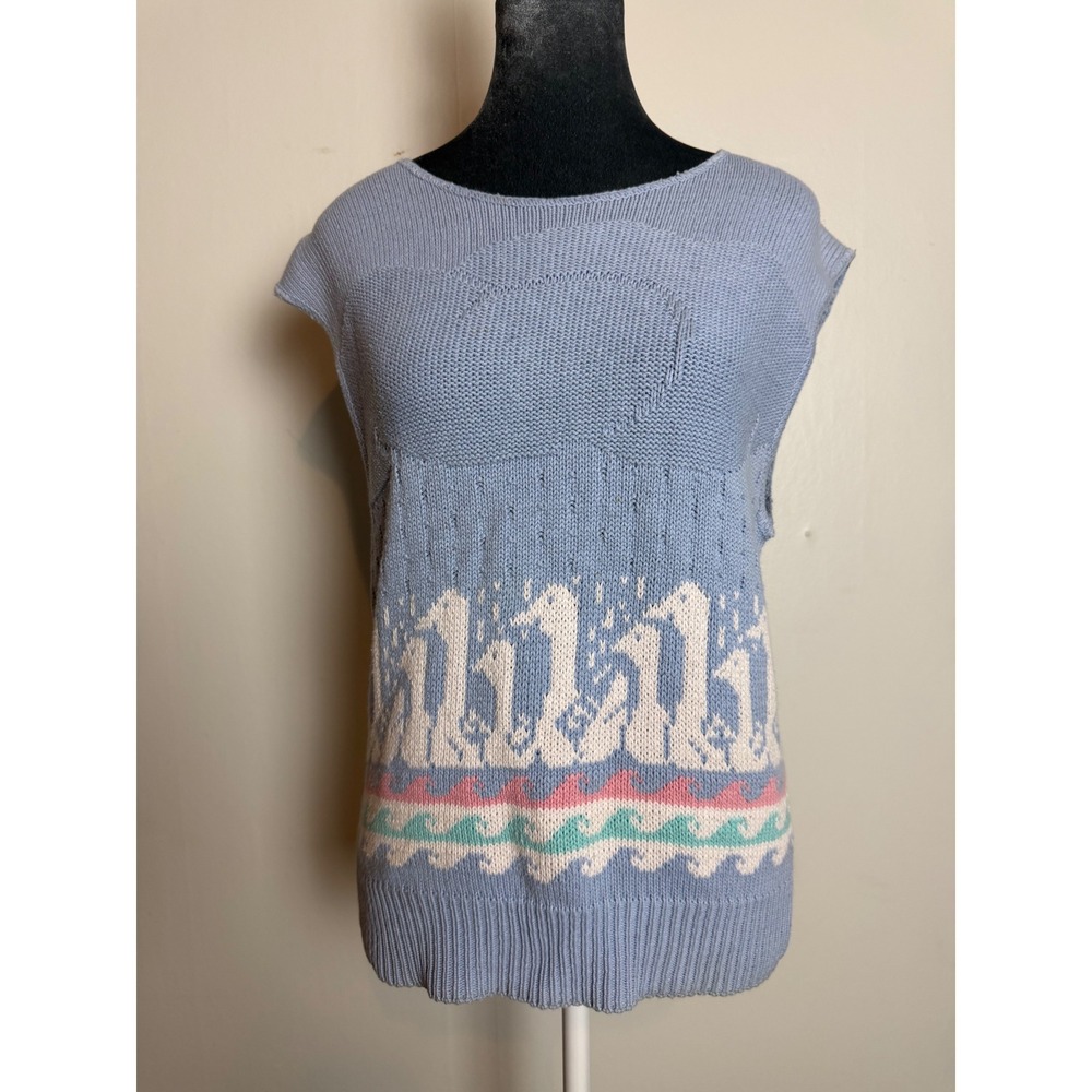 Vintage Woolrich Blue Cotton Knit Sweater Vest duck Wave coastal euro summer LG